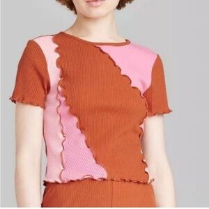 Wild Fable Colorblock Rust Pink Ribbed T Shirt Top Size XL NWOT